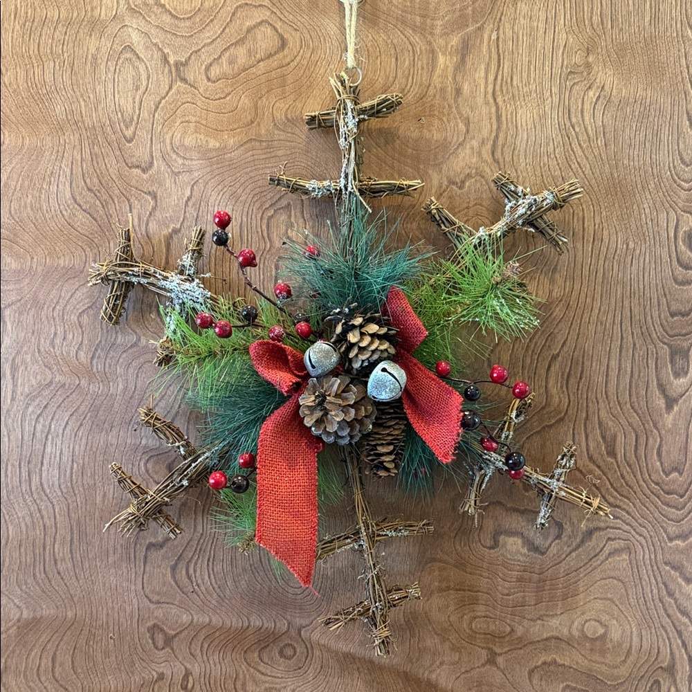 Rustic Holiday Snowflake Wreath with Red Accents